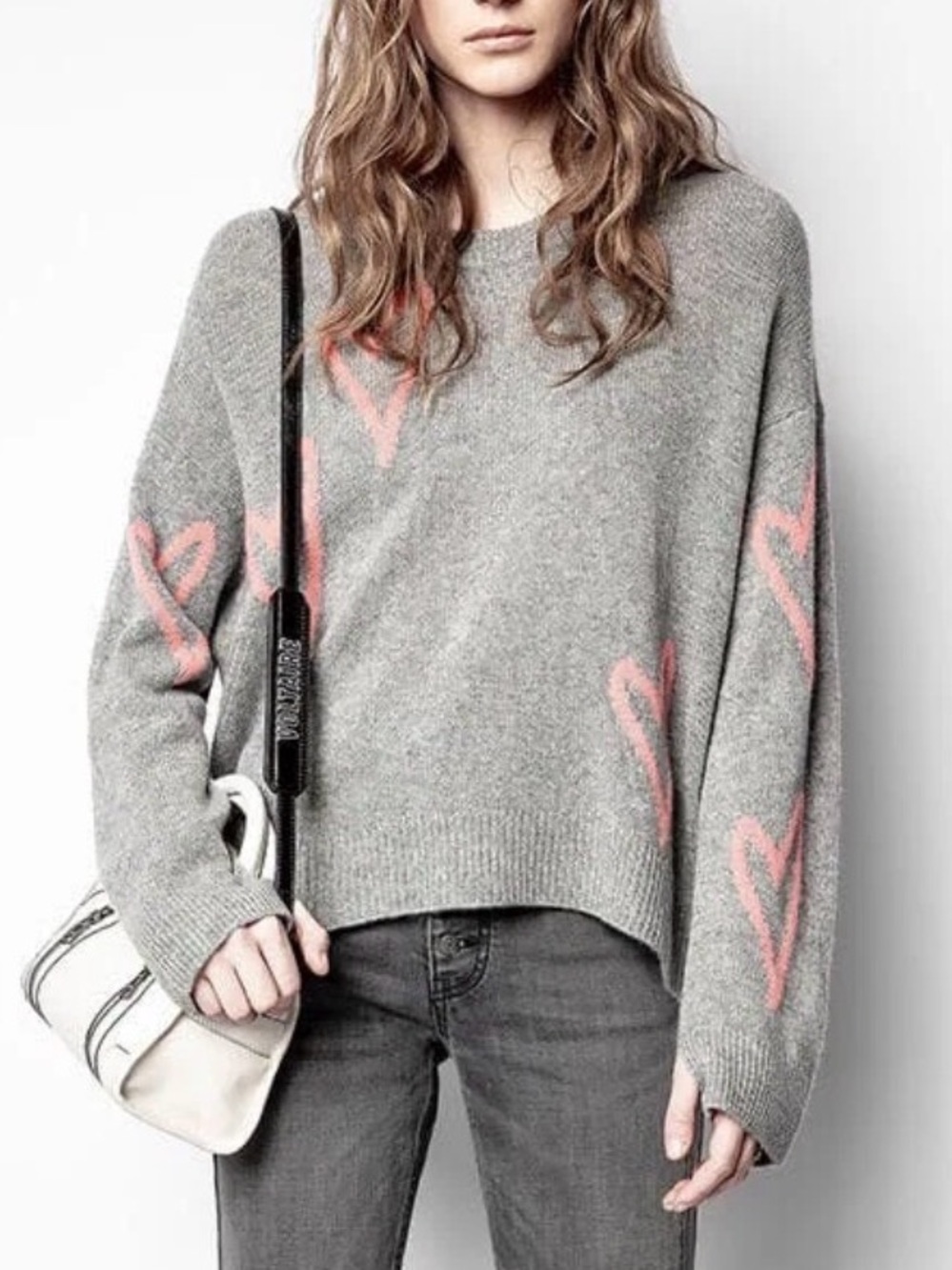 Zadig & Voltaire Markus Heart Cashmere Sweater in Gray/Pink